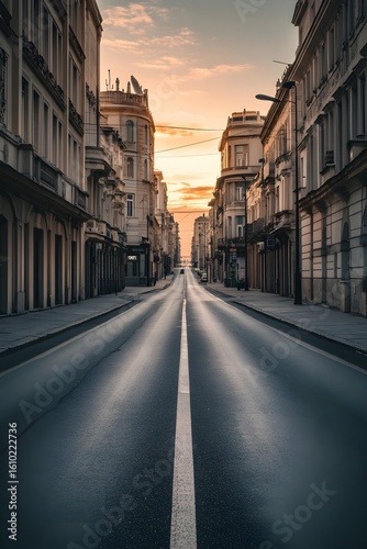 Empty City Street at Sunrise Classical Architecture Beige Buildings