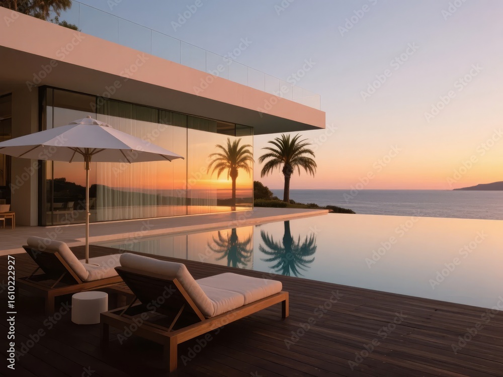 Fototapeta premium Modern villa with infinity pool overlooking the sea at sunset