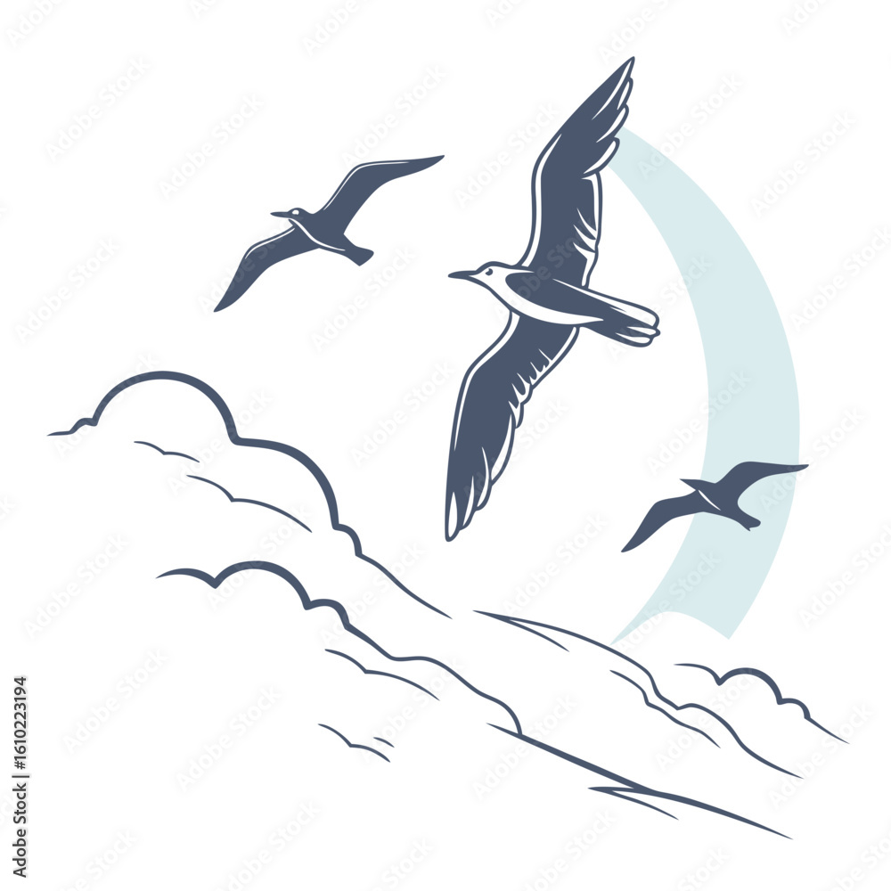 Fototapeta premium Three seagulls flying gracefully through stylized clouds and a pale blue arc