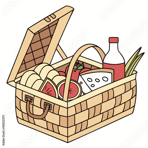 Open picnic basket filled with food and drink for an outdoor meal