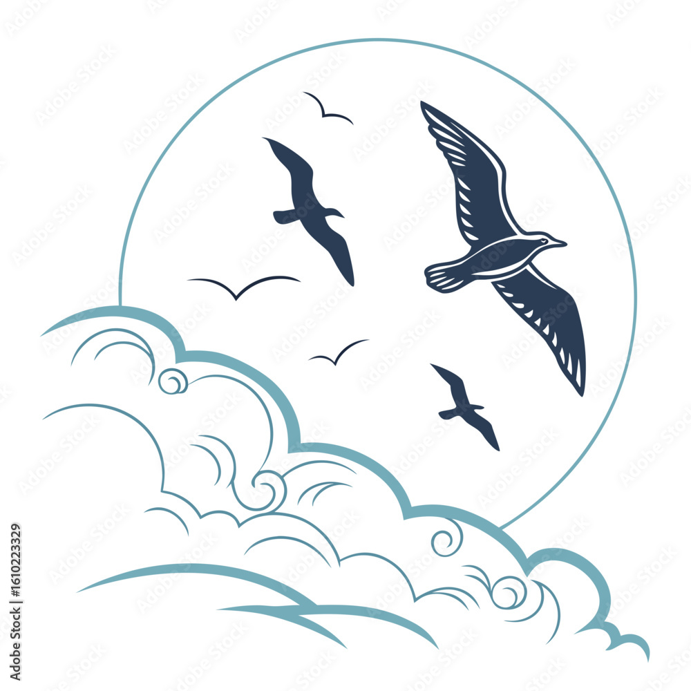 Fototapeta premium Stylized illustration of seagulls flying over stylized waves and a circle