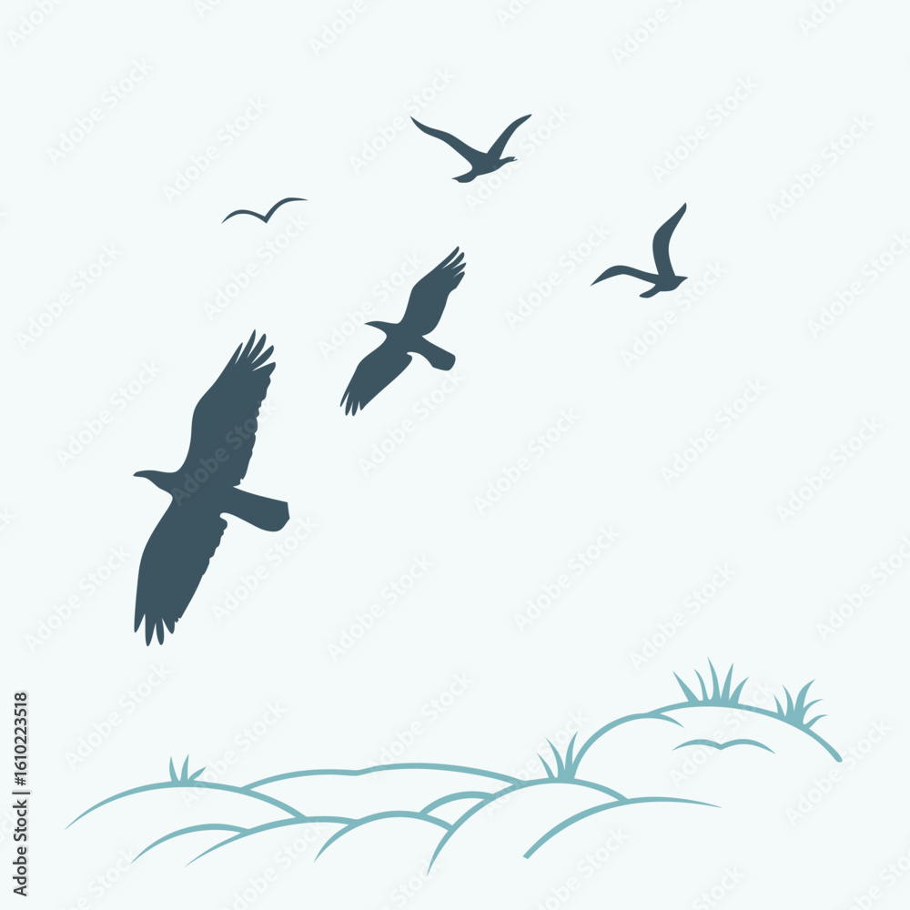 Obraz premium Silhouette of birds flying over rolling hills and grass