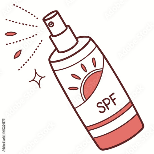 Sunscreen spray bottle with spf label and sun graphic spraying
