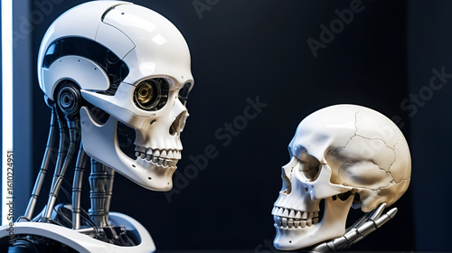 Robot holding a human skull, examining it closely with a focus on artificial intelligence and human evolution.