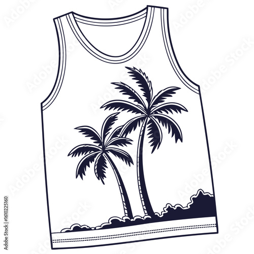Sleeveless shirt with palm trees and beach graphic