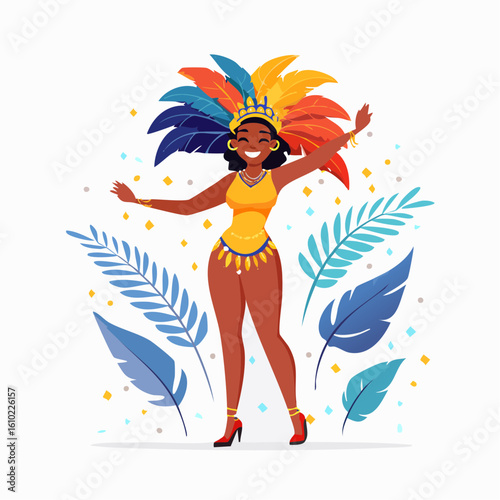 Carnival Dancer Illustration: Captivating illustration of a vibrant carnival dancer, adorned with a flamboyant headdress and elegant attire, exuding energy and joy. 