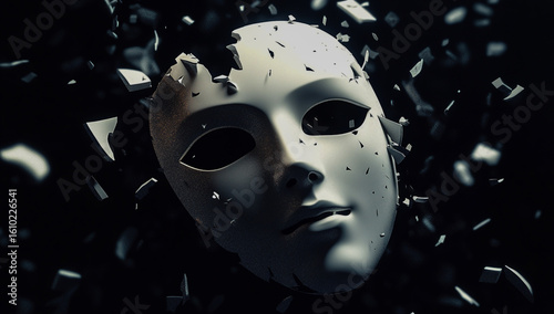 A dramatic three-dimensional image, in which a white theater mask is falling to pieces, and the scattered pieces around it are scattered on a dark black background,