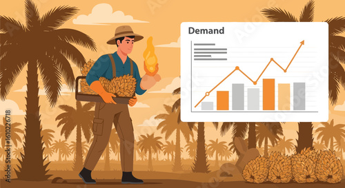 Palm Oil Demand And Harvest At A Tropical Farm Illustration