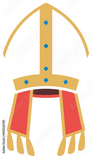 Flat Minimalist Vector Illustration of a Bishop Mitre Hat with Red Lappets and Blue Gem Accents