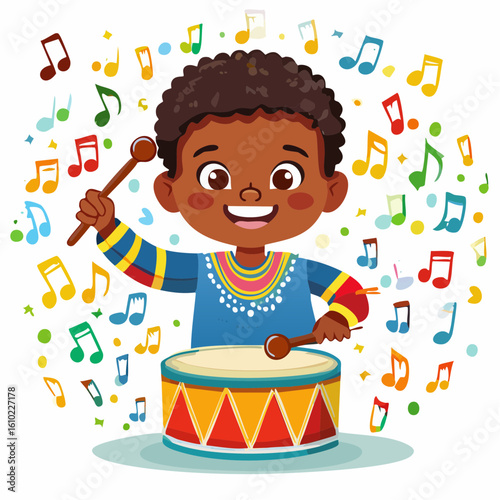 Rhythmic Resonance: An animated child joyfully plays a drum, surrounded by musical notes, embodying rhythm and the vibrant world of music.