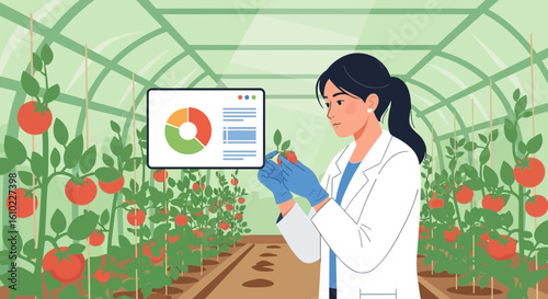 Scientist Analyzing Tomato Crop Data In Greenhouse For Agricultural Research