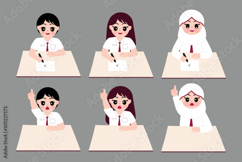 Students Writing on Top of Table Pose. Raising Hand Pose 