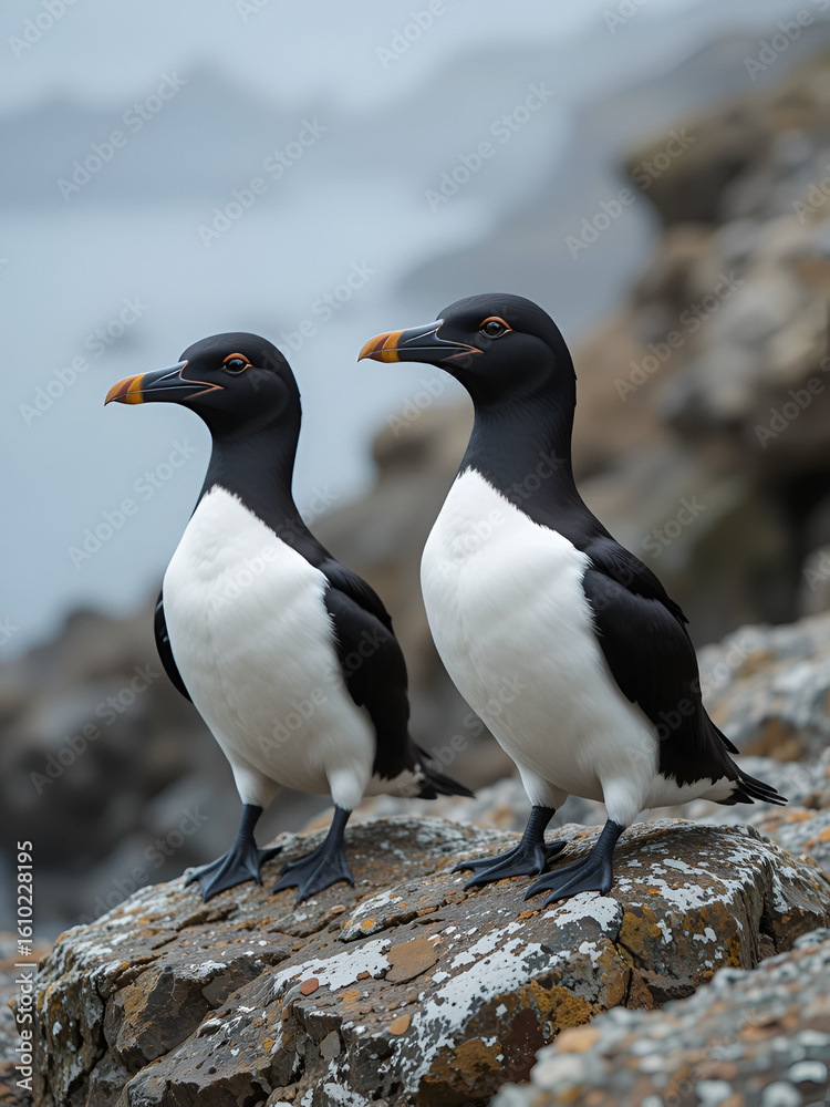 Naklejka premium Two razorbills on rocks in Saltee Islands