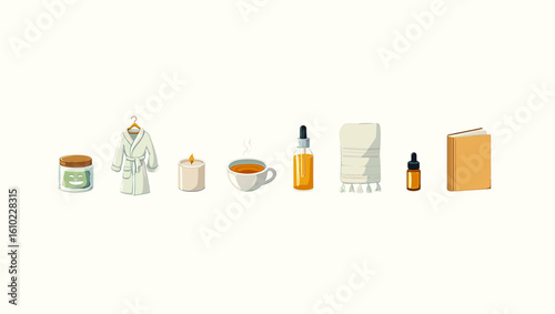 Relaxation and wellness items for self care routine including candle oils tea and book for cozy time at home