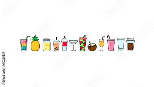 Assorted colorful summer drinks cocktails and juices vector illustration for menu or graphic design art