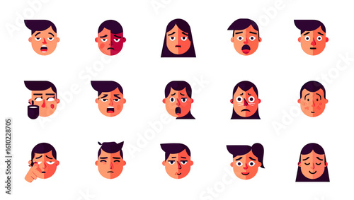 Collection of cartoon faces showing different emotions and expressions vector illustration design art work