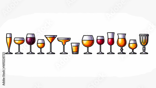 Collection of different types of cocktail glasses for bars and restaurants drinkware assortment and glassware