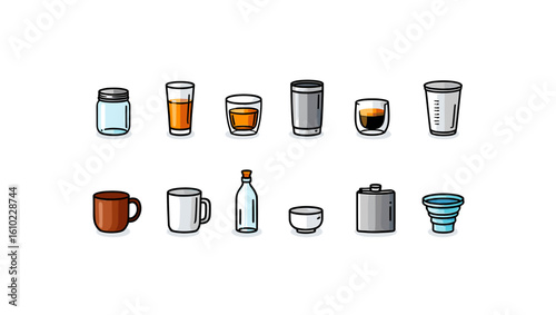 Collection of various types of drinkware glassware cups mugs and bottles for beverages and liquids