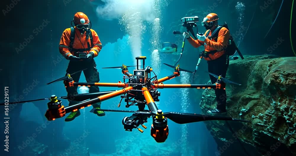 Divers operating a drone underwater in a cave