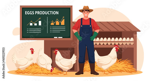 Illustrative Farmer Presenting Increased Egg Production With Chickens Around