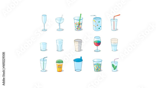 Assorted drinkware illustration showcasing different types of glasses and cups for beverages and drinks