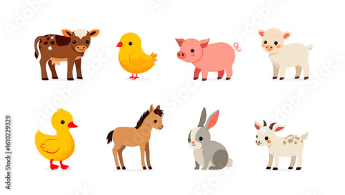Farm animals cartoon illustration featuring cow chick pig sheep duck horse rabbit and goat vector design