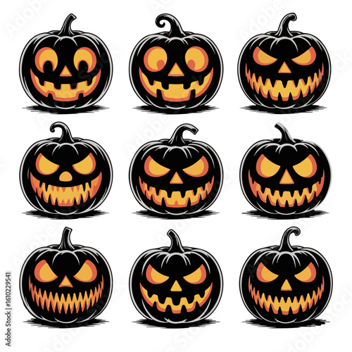 Set of Halloween scary pumpkin jack o lantern faces