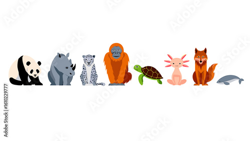 Illustration of diverse animals including panda rhino leopard orangutan turtle axolotl fox and dolphin