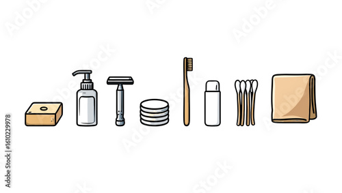Bathroom essentials flat lay illustration featuring soap dispenser razor toothbrush and towel hygiene items