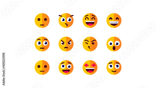 Collection of yellow emoji faces expressing different emotions, vector illustration of expressions set
