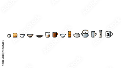 Collection of tea cups teapots and mugs for tea ceremony and kitchenware vector illustration design