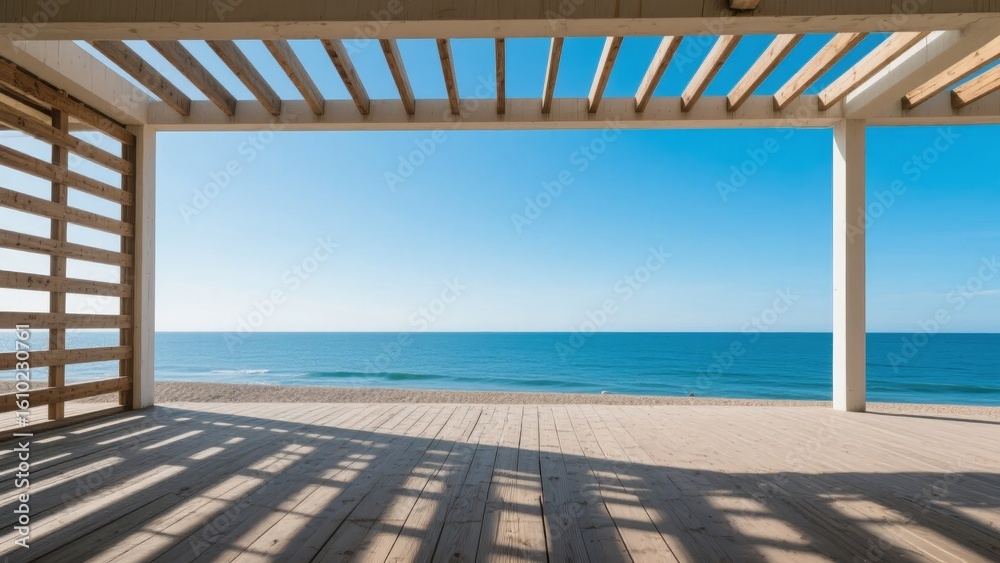 Obraz premium Wooden pergola overlooking a serene beach with clear blue skies