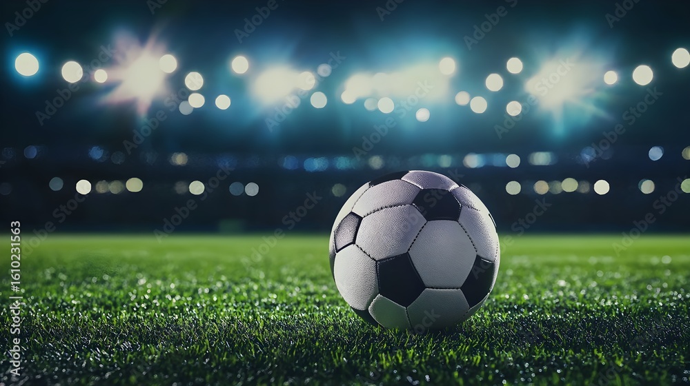 Naklejka premium Soccer Ball on Green Field Night Stadium Lights football 1