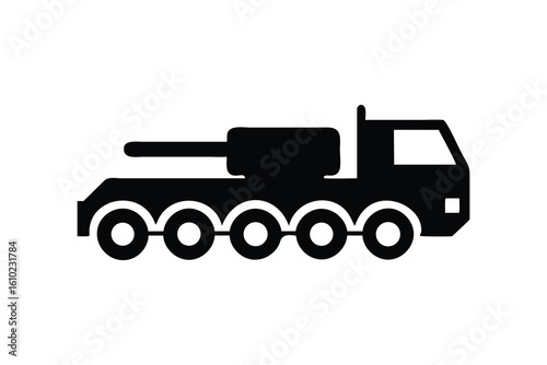 Silhouette of a powerful self propelled artillery gun with multiple wheels on a white background