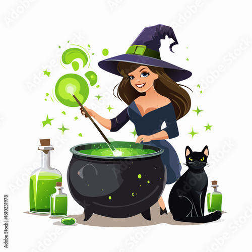 Mystical Witch and Her Potion: A captivating illustration of a witch, dressed in a stylish attire, stirring a bubbling potion in a cauldron with her wand, accompanied by a sleek black cat.
