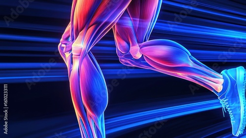A close-up anatomical illustration highlighting the hamstring muscles in action during a dynamic sprint