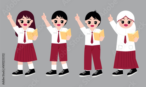 Students Pointing with Holding Book. Explain Gesture