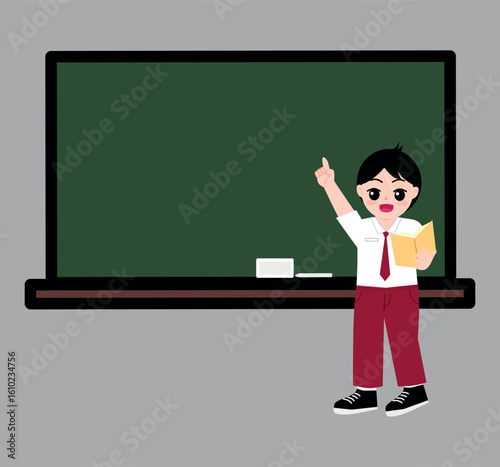 Student Explaining Pose in Front of Class with Chalkboard and Holding Book