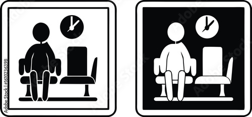 Waiting Area Signs. Black And White Vector Illustrations. Waiting Area For Doctor's Appointment. Man Sits And Waits For His Time. Hospital Department Sign
