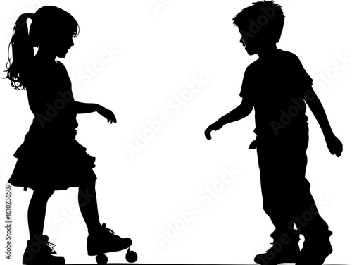 children boys and girls playing happily silhouette