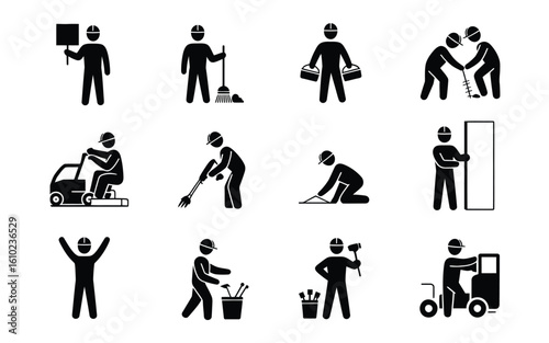 Construction workers activities pictograms icon set