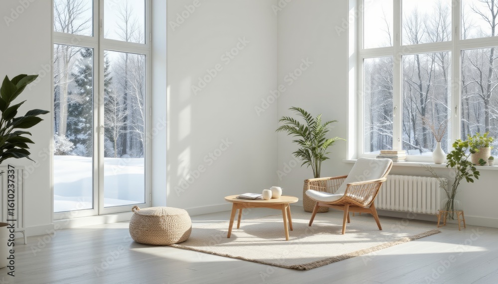 Fototapeta premium Minimalist Living Room with Winter View