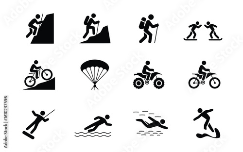 Outdoor adventure and sports activity icon set