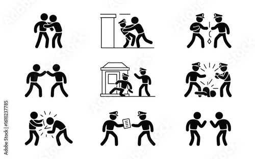 Police and criminal activities stick figure icon set