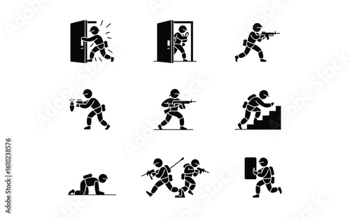 Soldier actions in combat pictogram icon set