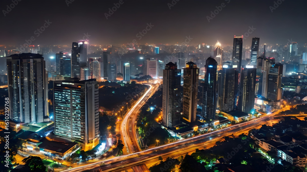 Fototapeta premium Urban Night Skyline with Highway Light Trails in Motion