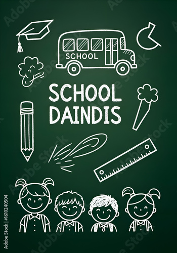 Chalkboard drawing with school bus, graduation cap, pencil, ruler, carrot, graph, cloud, and children. 