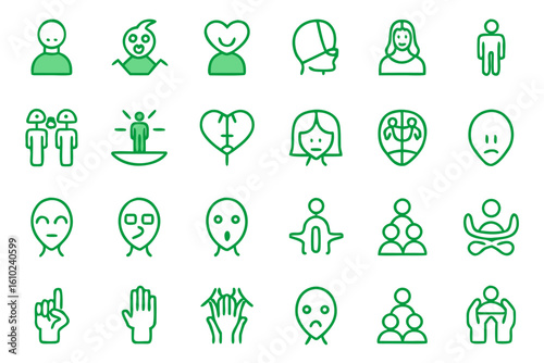 Comprehensive collection of conceptual line art symbols representing psychological well being emotional states and therapeutic concepts for diverse applications