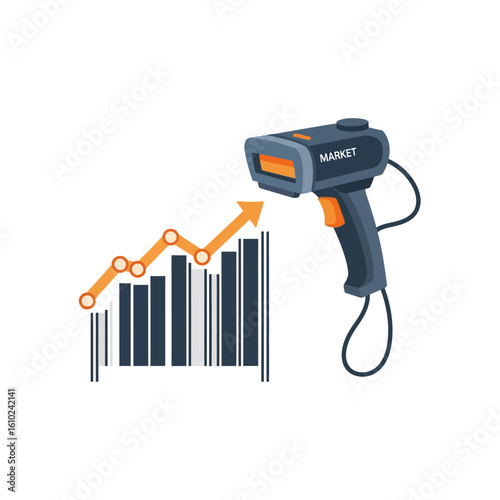 Barcode scanner pointed at a barcode chart with an upward trending line, representing market growth and sales increase.