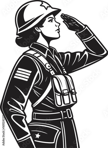 Female Soldier Saluting in Black and White Vector Illustration